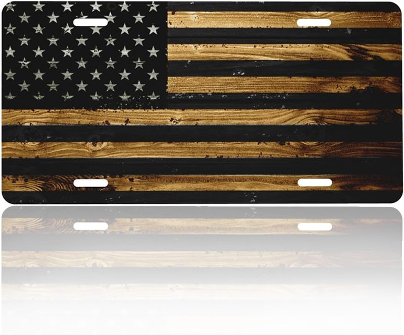 GACCAP Front License Plate Cover Car Decor Accessory Aluminum Metal Rust-Proof US Car Plate Novelty Vanity Tag Cover with 4 Holes for Men Women 6 * 12 in - Wood American Flag - Image 1